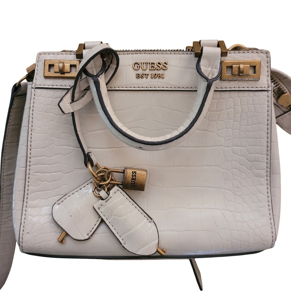 GUESS EST 1981 Cream Croc Embossed Satchel Crossbody Bag Purse Charm Vintage 80s
